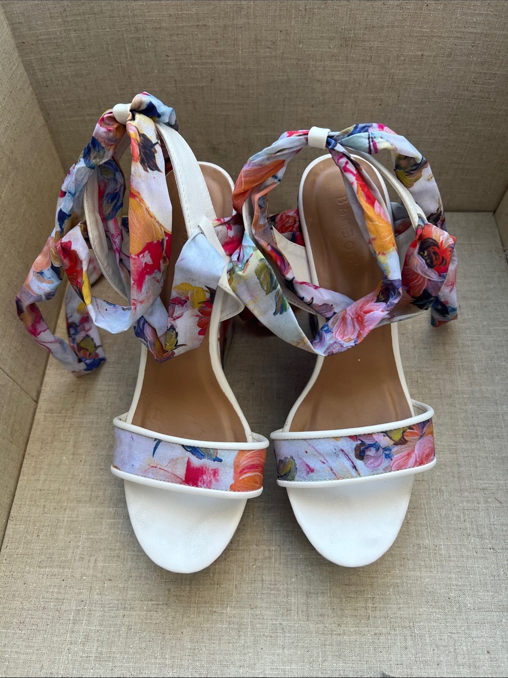BAMBOO White Floral Ankle-Tie Heels